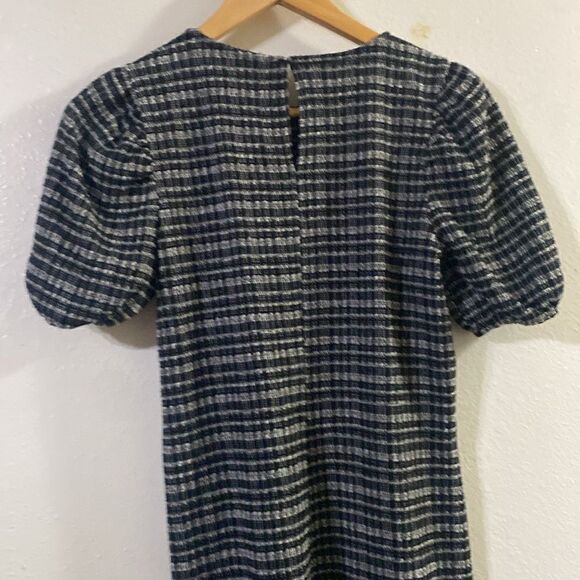 Like New ZARA Black White Tweed Textured Puff Sleeve Mini Dress - Picture 6 of 7